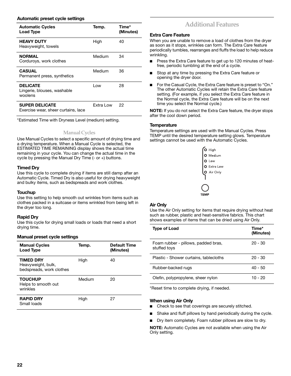 Additional features | KITCHENAID FRONT-LOADING ELECTRIC DRYER User Manual | Page 22 / 76