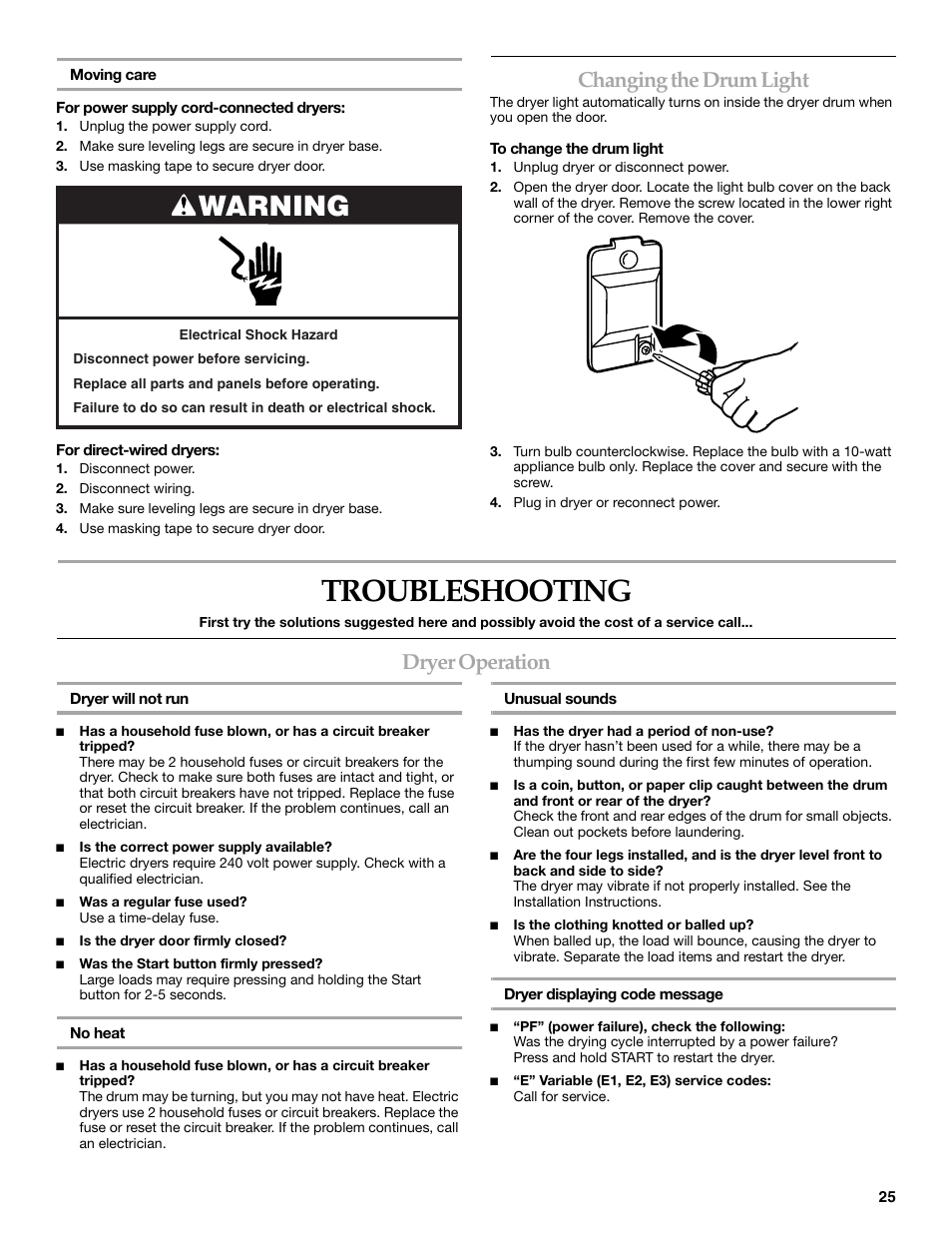 Troubleshooting, Warning, Changing the drum light | Dryer operation | KITCHENAID FRONT-LOADING ELECTRIC DRYER User Manual | Page 25 / 76