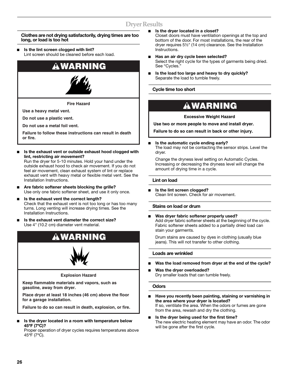 Warning, Dryer results | KITCHENAID FRONT-LOADING ELECTRIC DRYER User Manual | Page 26 / 76