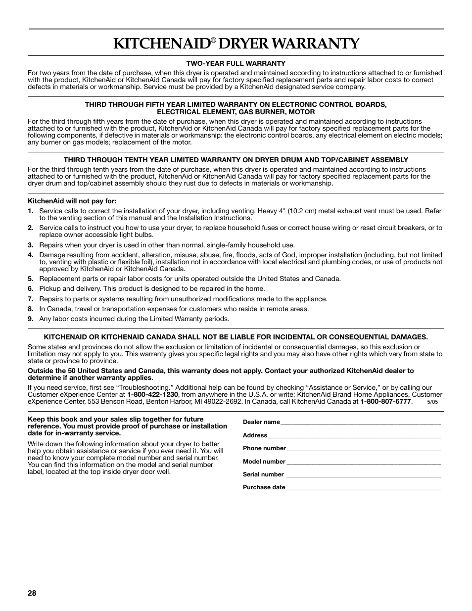 Kitchenaid, Dryer warranty | KITCHENAID FRONT-LOADING ELECTRIC DRYER User Manual | Page 28 / 76