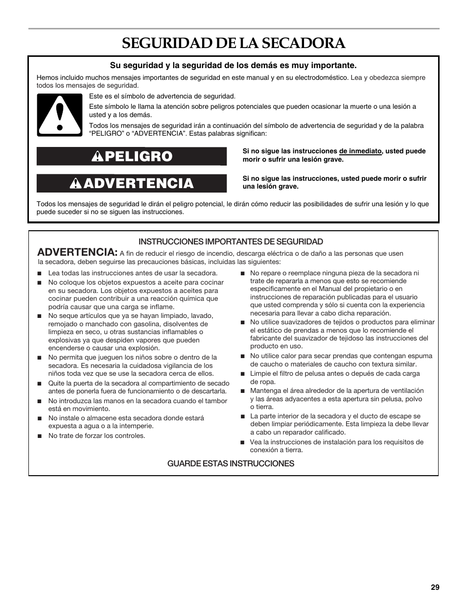Seguridad de la secadora, Advertencia peligro, Advertencia | KITCHENAID FRONT-LOADING ELECTRIC DRYER User Manual | Page 29 / 76