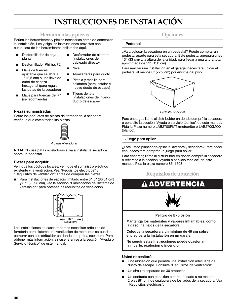 Instrucciones de instalación, Advertencia, Herramientas y piezas | Opciones, Requisitos de ubicación | KITCHENAID FRONT-LOADING ELECTRIC DRYER User Manual | Page 30 / 76