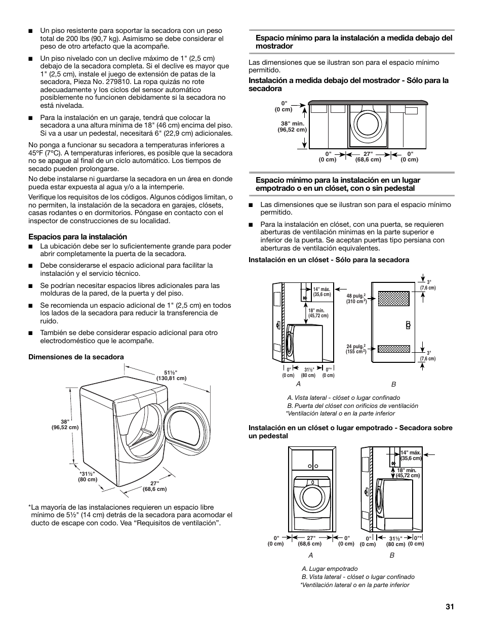 Espacios para la instalación | KITCHENAID FRONT-LOADING ELECTRIC DRYER User Manual | Page 31 / 76