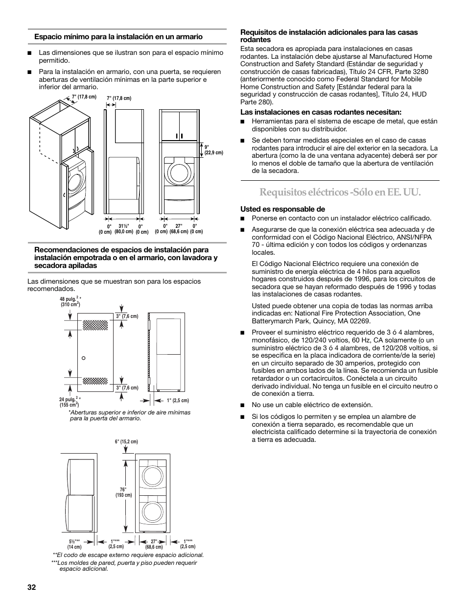 Requisitos eléctricos -sólo en ee. uu, Las instalaciones en casas rodantes necesitan, Usted es responsable de | KITCHENAID FRONT-LOADING ELECTRIC DRYER User Manual | Page 32 / 76