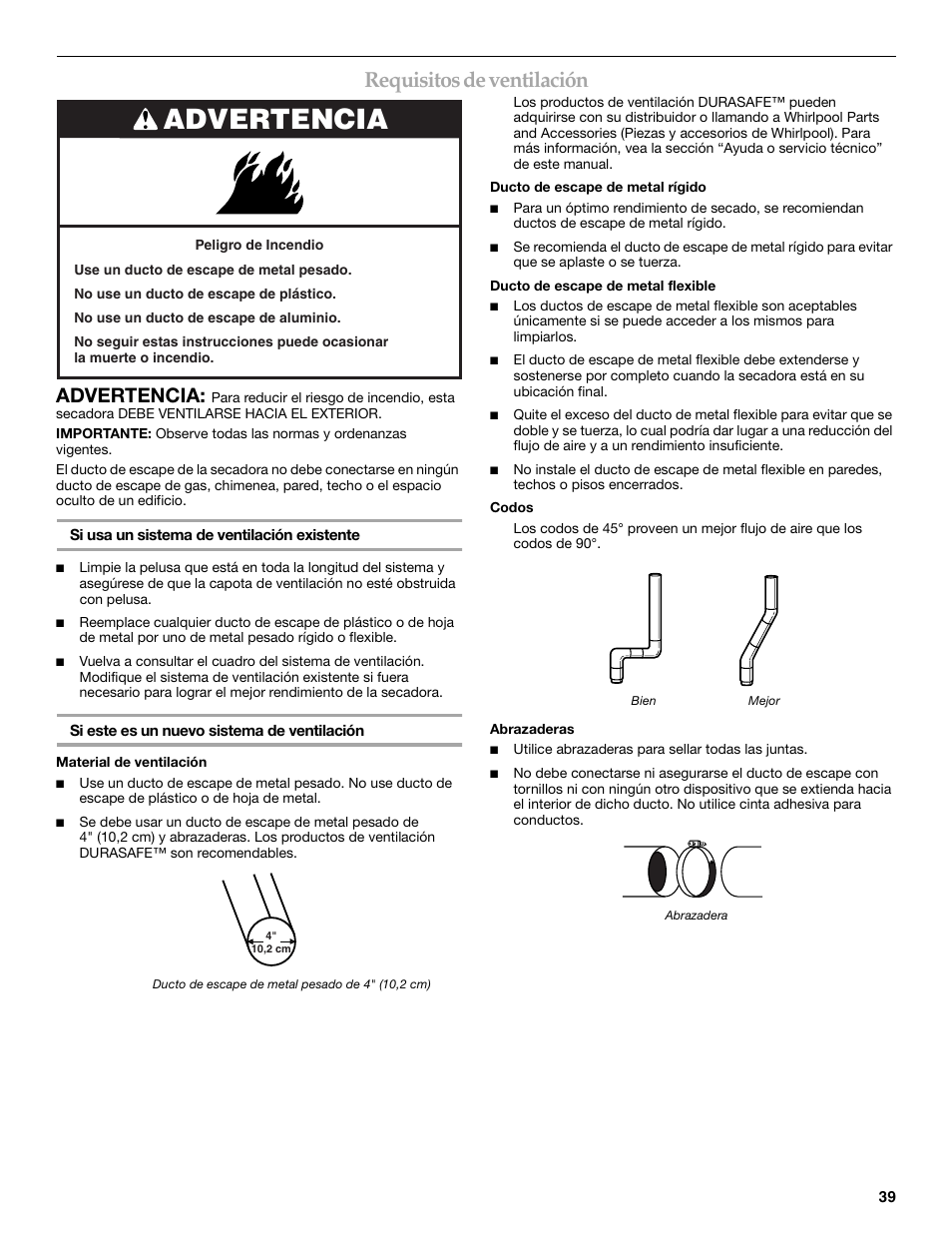 Requisitos de ventilación, Advertencia | KITCHENAID FRONT-LOADING ELECTRIC DRYER User Manual | Page 39 / 76