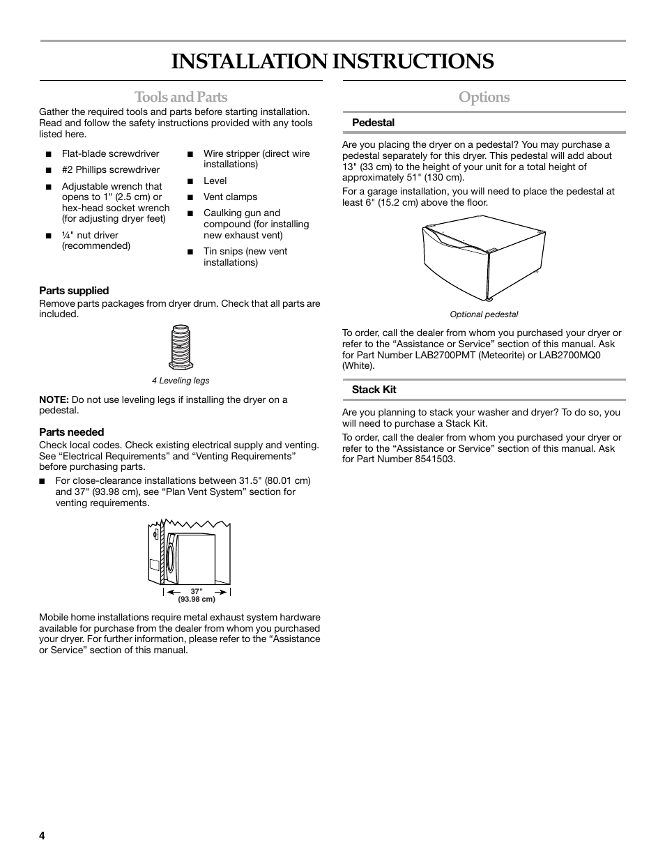 Installation instructions, Tools and parts, Options | KITCHENAID FRONT-LOADING ELECTRIC DRYER User Manual | Page 4 / 76