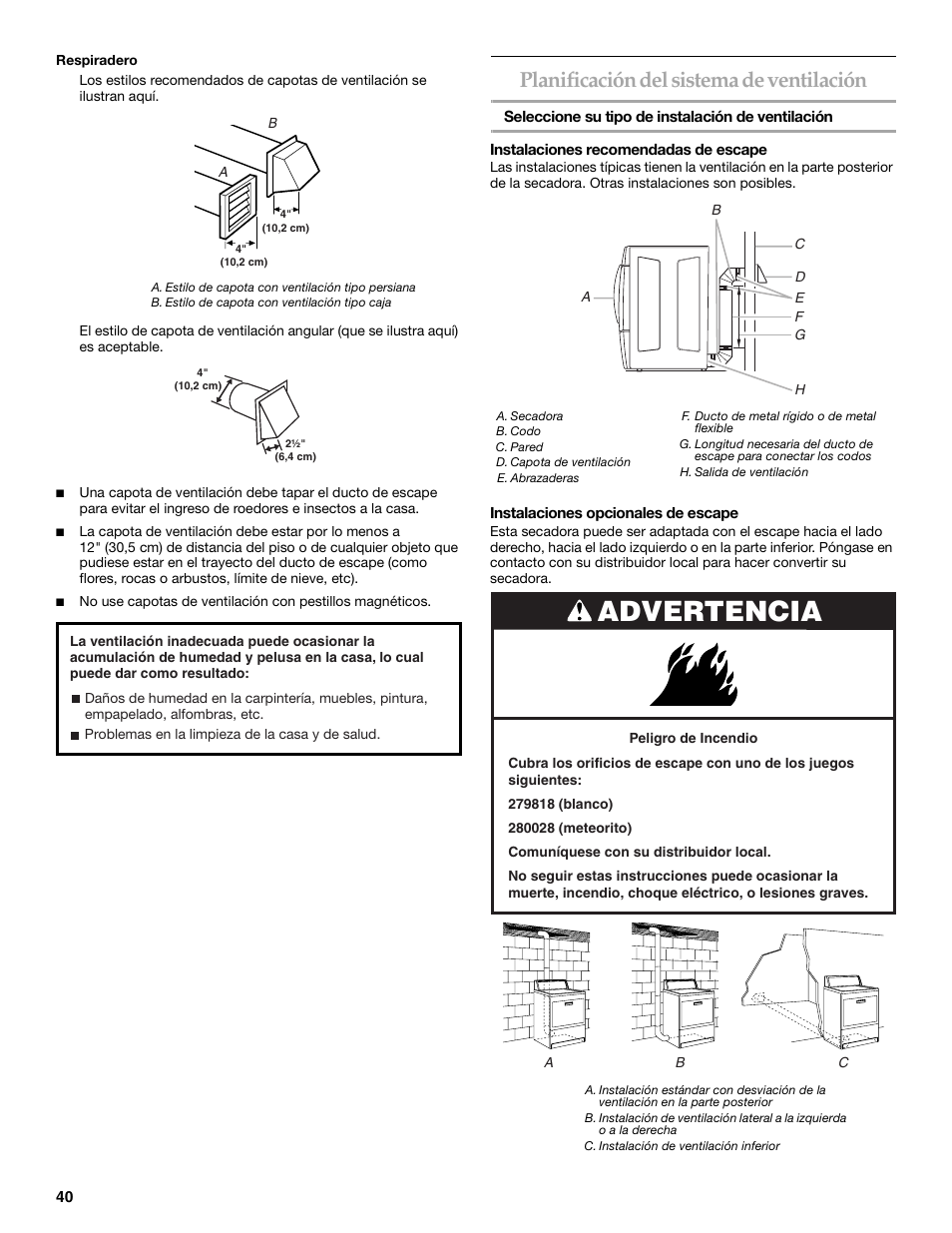 Advertencia, Planificación del sistema de ventilación | KITCHENAID FRONT-LOADING ELECTRIC DRYER User Manual | Page 40 / 76