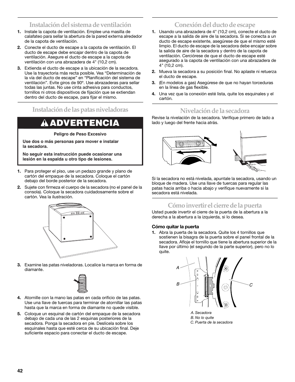 Advertencia, Instalación del sistema de ventilación, Instalación de las patas niveladoras | Conexión del ducto de escape, Nivelación de la secadora, Cómo invertir el cierre de la puerta | KITCHENAID FRONT-LOADING ELECTRIC DRYER User Manual | Page 42 / 76
