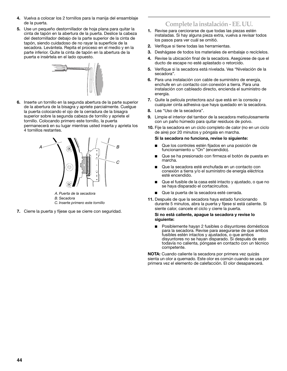 Complete la instalación - ee. uu | KITCHENAID FRONT-LOADING ELECTRIC DRYER User Manual | Page 44 / 76