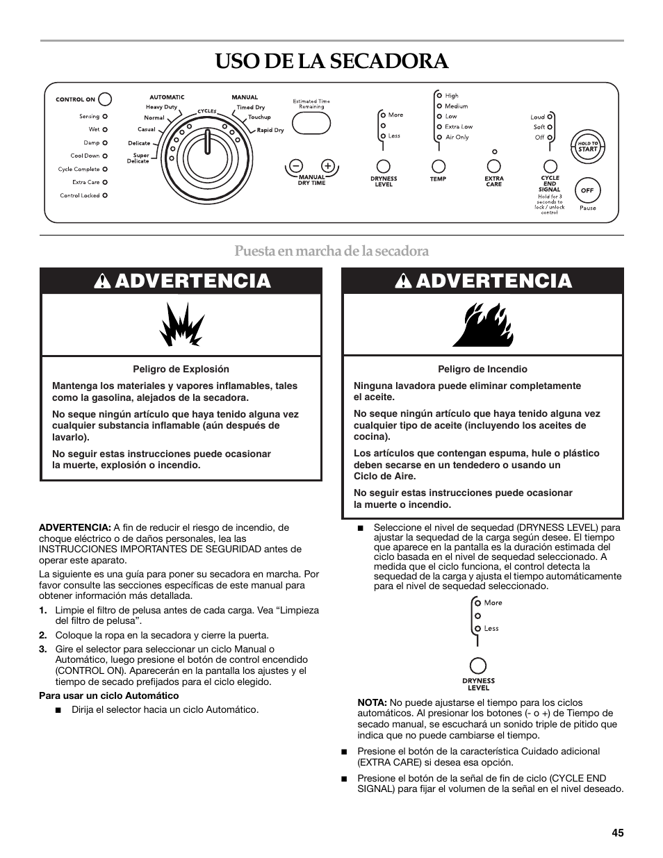 Uso de la secadora, Advertencia, Puesta en marcha de la secadora | KITCHENAID FRONT-LOADING ELECTRIC DRYER User Manual | Page 45 / 76