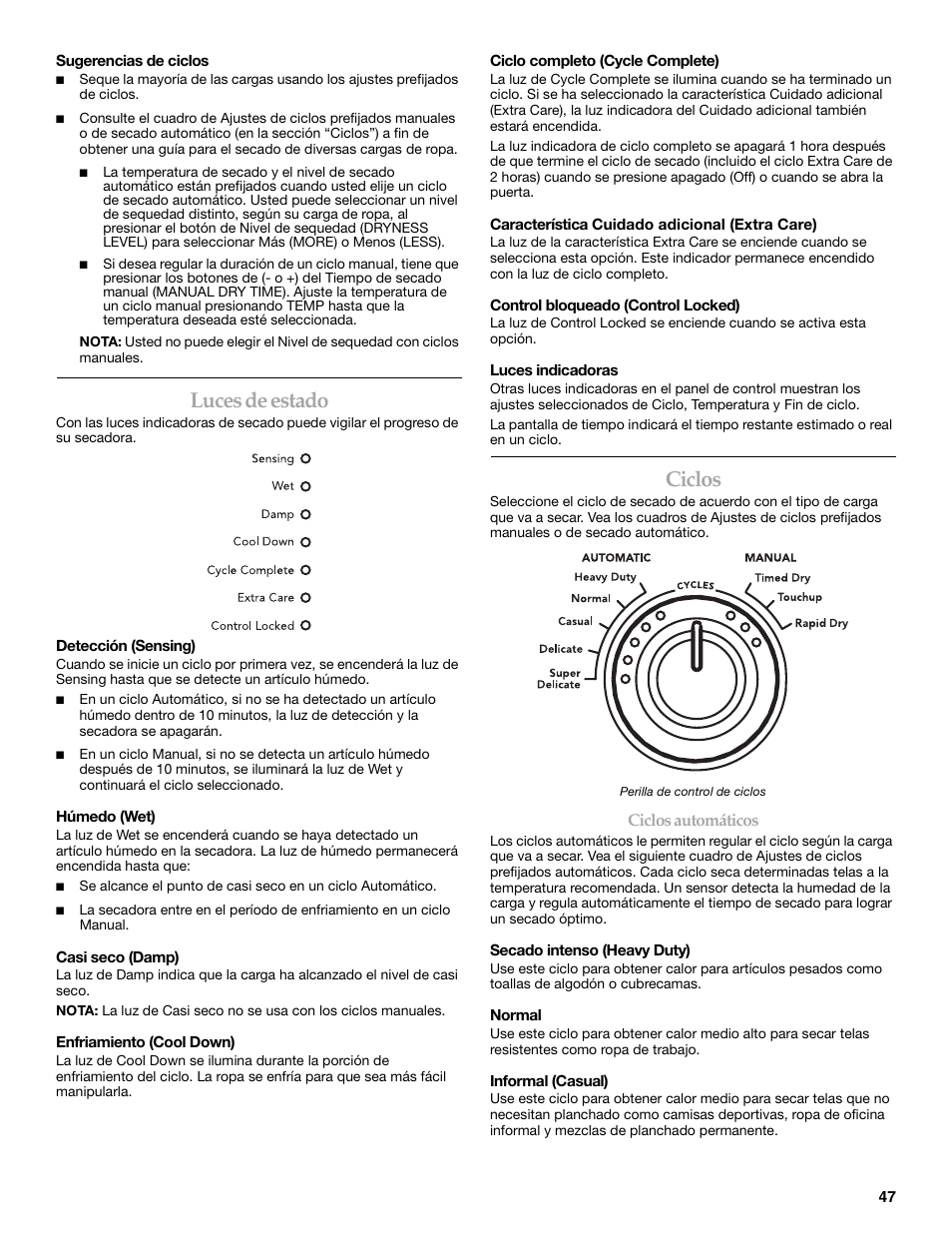 Luces de estado, Ciclos | KITCHENAID FRONT-LOADING ELECTRIC DRYER User Manual | Page 47 / 76