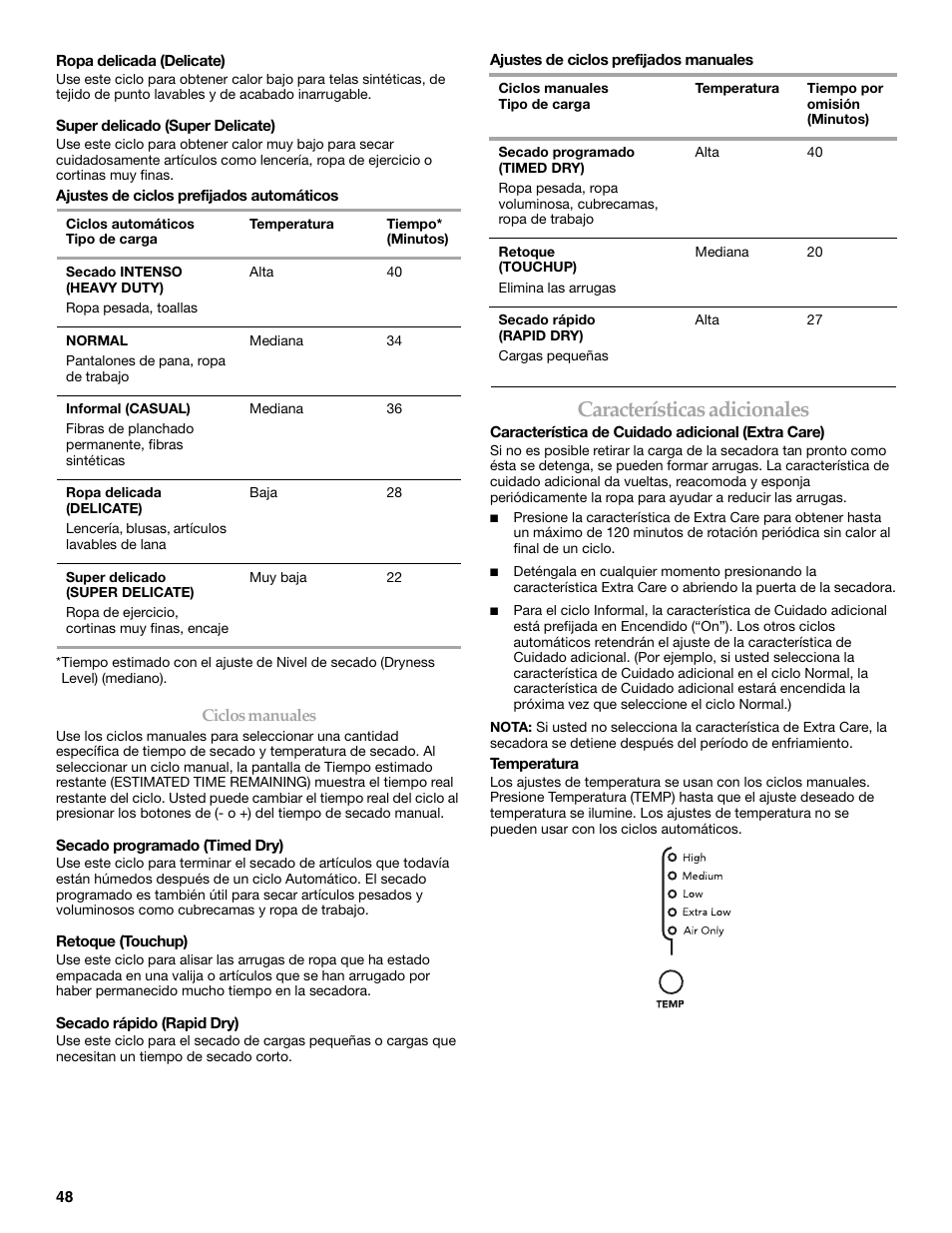 Características adicionales | KITCHENAID FRONT-LOADING ELECTRIC DRYER User Manual | Page 48 / 76