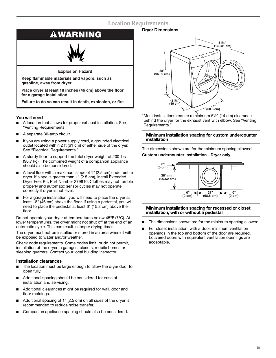 Warning, Location requirements | KITCHENAID FRONT-LOADING ELECTRIC DRYER User Manual | Page 5 / 76