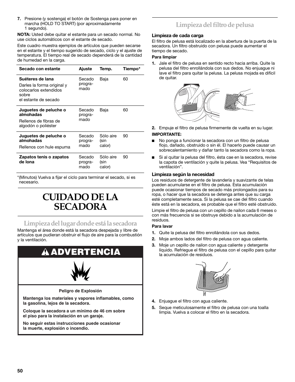 Cuidado de la secadora, Advertencia, Limpieza del lugar donde está la secadora | Limpieza del filtro de pelusa | KITCHENAID FRONT-LOADING ELECTRIC DRYER User Manual | Page 50 / 76