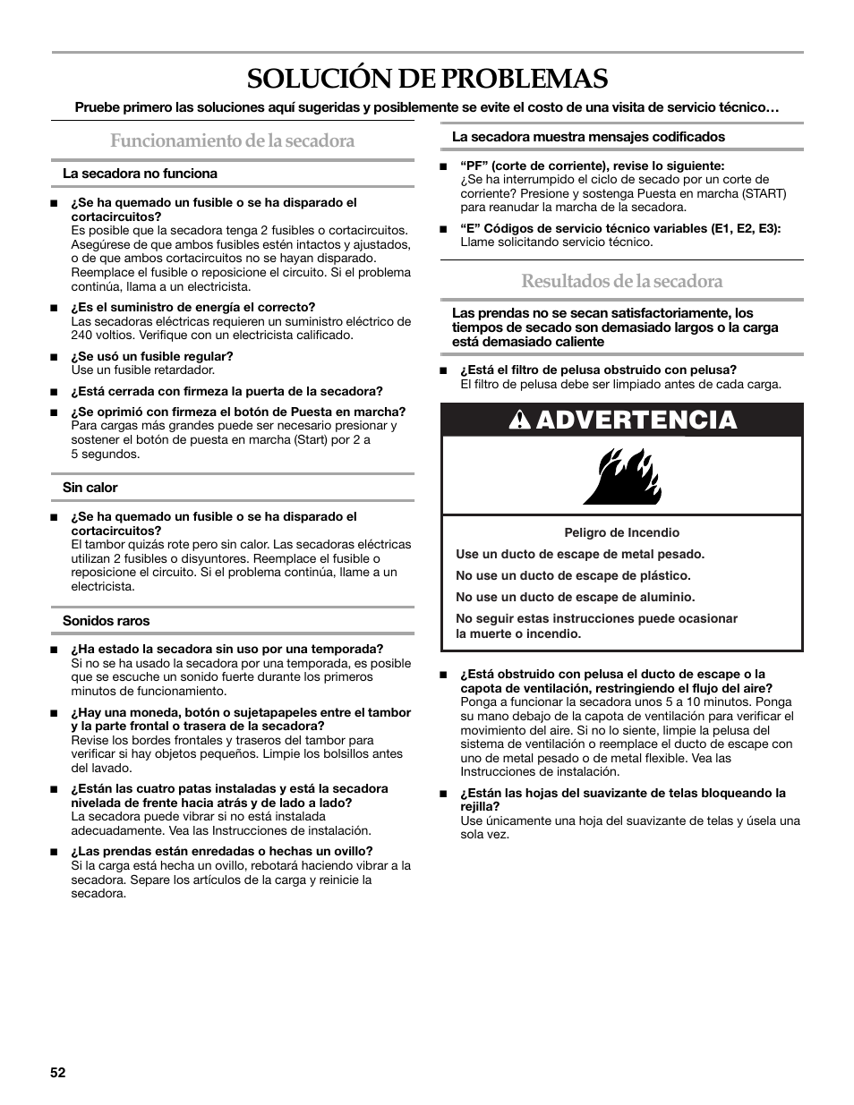 Solución de problemas, Advertencia, Funcionamiento de la secadora | Resultados de la secadora | KITCHENAID FRONT-LOADING ELECTRIC DRYER User Manual | Page 52 / 76