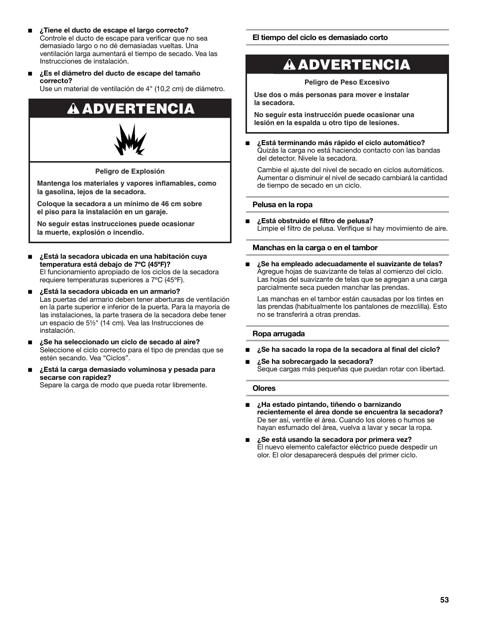 Advertencia | KITCHENAID FRONT-LOADING ELECTRIC DRYER User Manual | Page 53 / 76