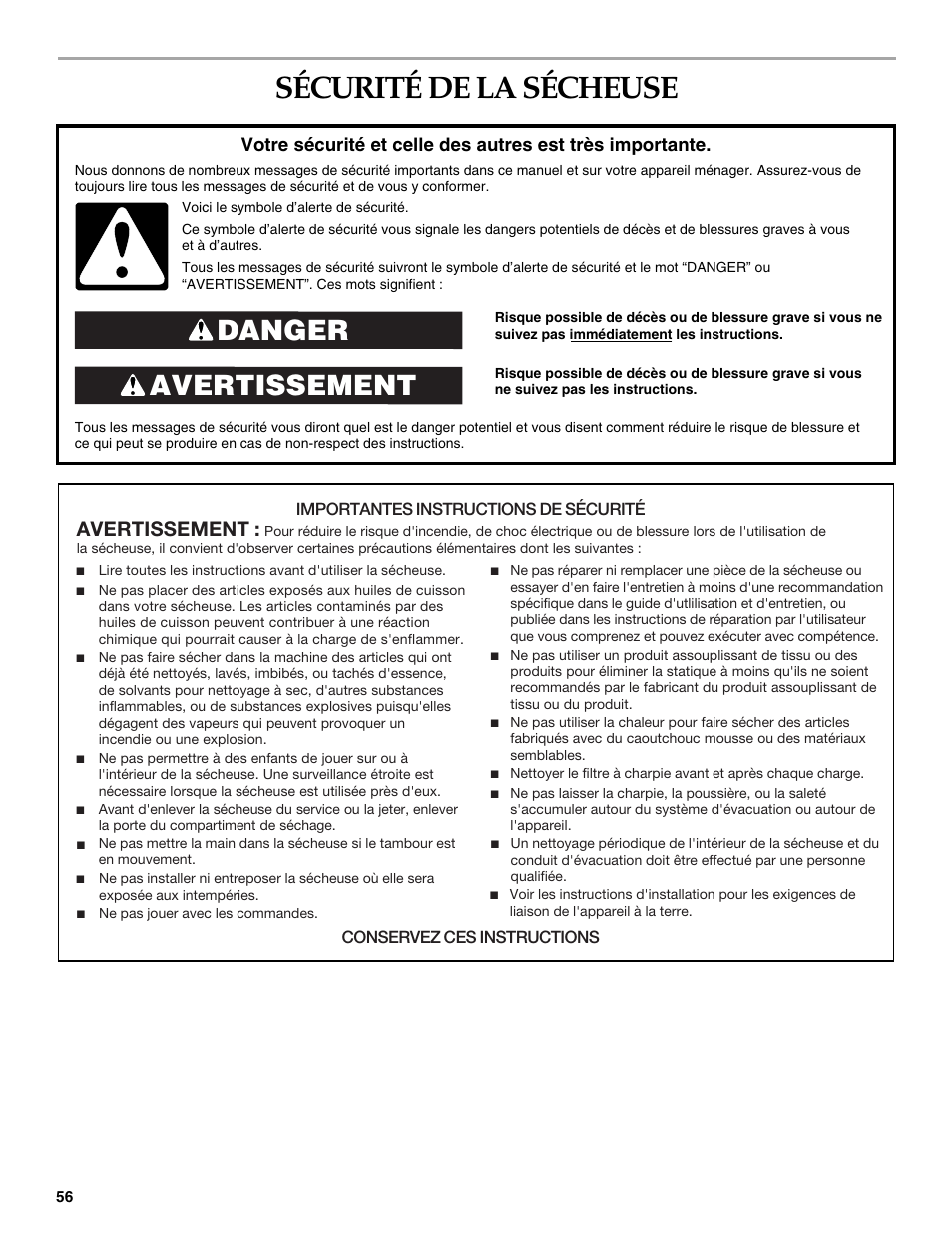 Sécurité de la sécheuse, Avertissement danger, Avertissement | KITCHENAID FRONT-LOADING ELECTRIC DRYER User Manual | Page 56 / 76