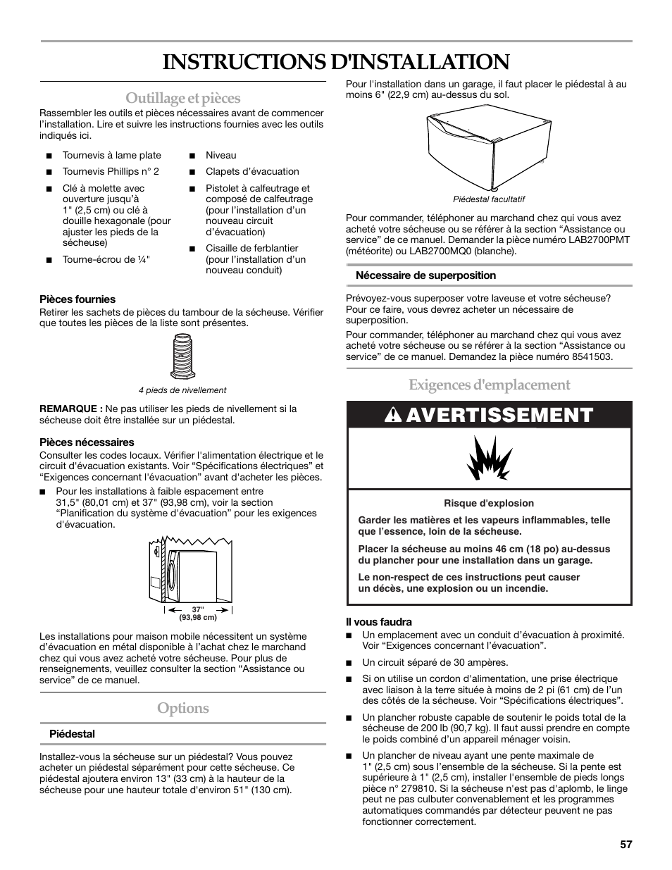 Instructions d'installation, Avertissement, Outillage et pièces | Options, Exigences d'emplacement | KITCHENAID FRONT-LOADING ELECTRIC DRYER User Manual | Page 57 / 76