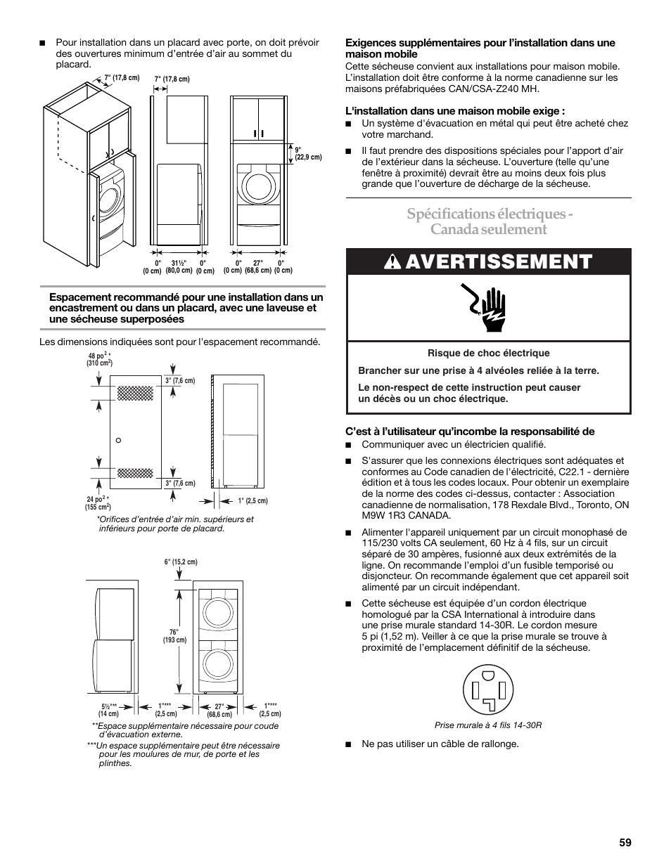 Avertissement, Spécifications électriques - canada seulement | KITCHENAID FRONT-LOADING ELECTRIC DRYER User Manual | Page 59 / 76