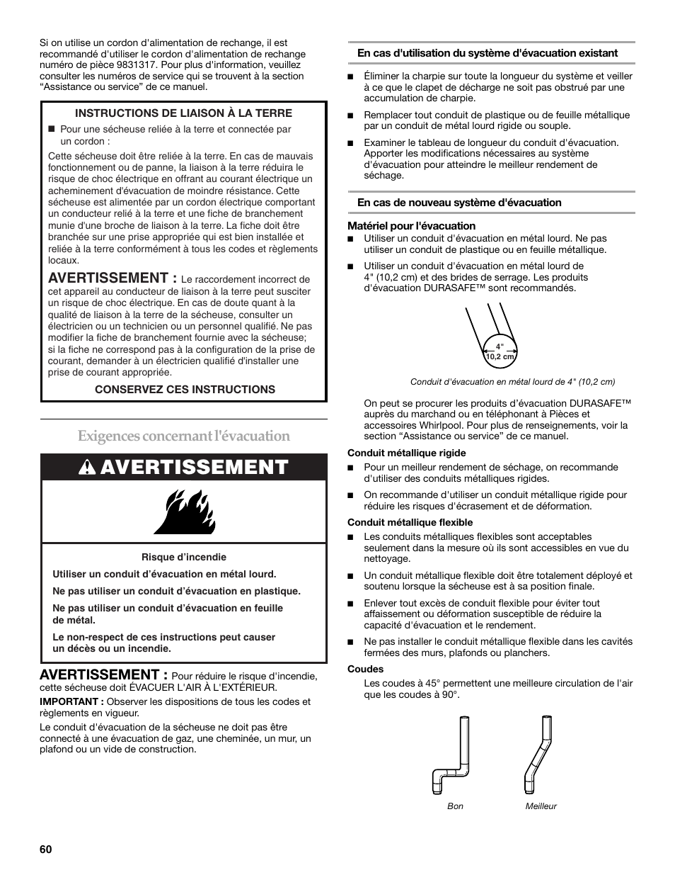 Exigences concernant l'évacuation, Avertissement | KITCHENAID FRONT-LOADING ELECTRIC DRYER User Manual | Page 60 / 76