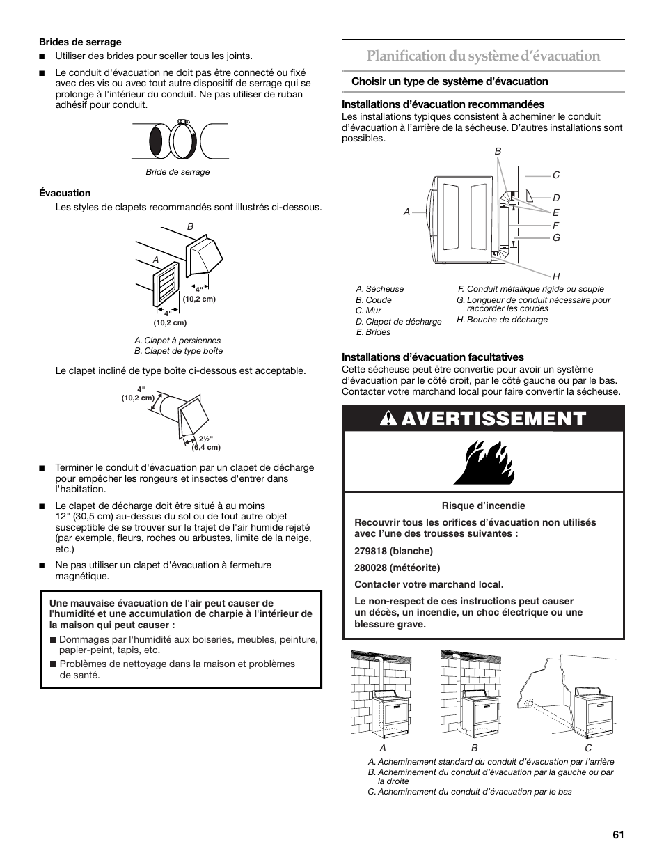 Avertissement, Planification du système d’évacuation | KITCHENAID FRONT-LOADING ELECTRIC DRYER User Manual | Page 61 / 76