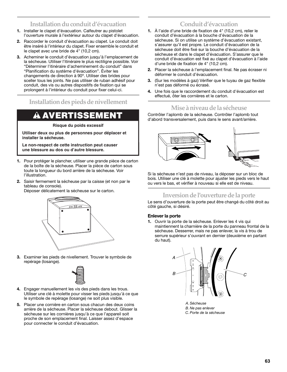 Avertissement, Installation du conduit d’évacuation, Installation des pieds de nivellement | Conduit d’évacuation, Mise à niveau de la sécheuse, Inversion de l'ouverture de la porte | KITCHENAID FRONT-LOADING ELECTRIC DRYER User Manual | Page 63 / 76