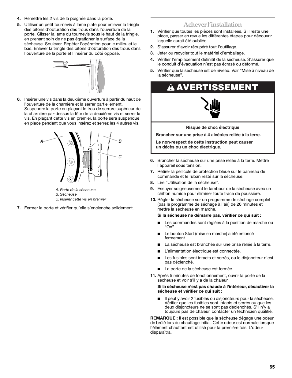 Avertissement, Achever l’installation | KITCHENAID FRONT-LOADING ELECTRIC DRYER User Manual | Page 65 / 76