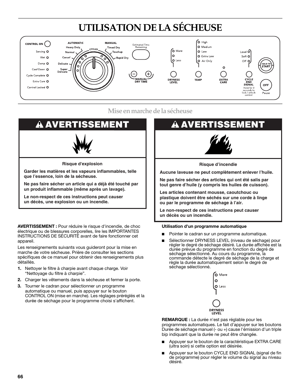Utilisation de la sécheuse, Avertissement, Mise en marche de la sécheuse | KITCHENAID FRONT-LOADING ELECTRIC DRYER User Manual | Page 66 / 76