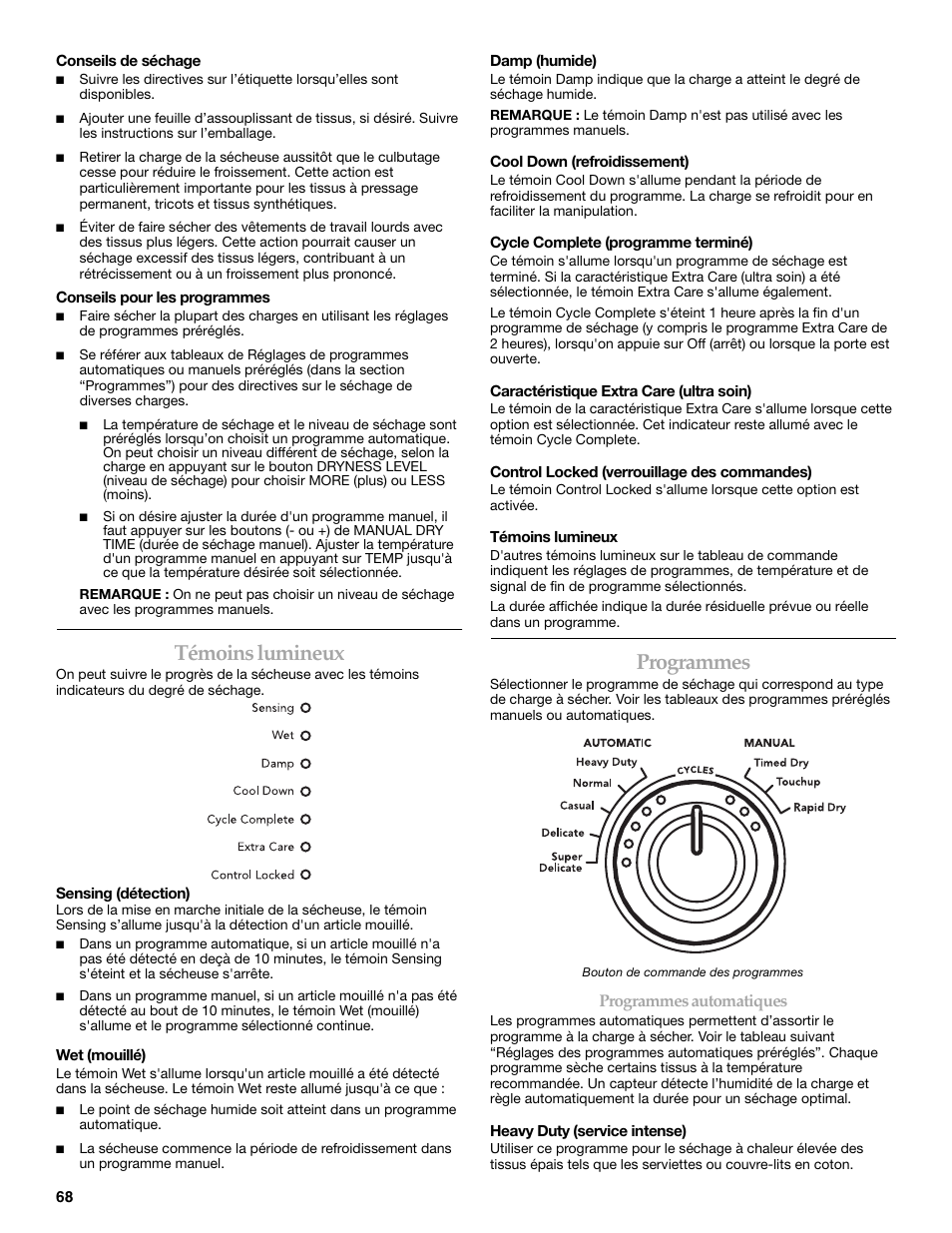 Témoins lumineux, Programmes | KITCHENAID FRONT-LOADING ELECTRIC DRYER User Manual | Page 68 / 76
