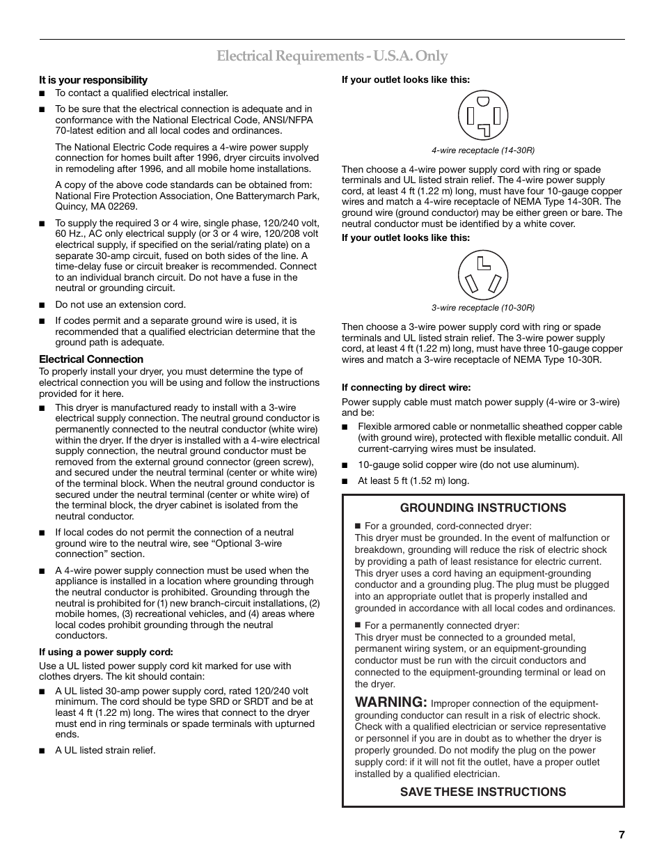 Electrical requirements - u.s.a. only, Warning, Grounding instructions save these instructions | KITCHENAID FRONT-LOADING ELECTRIC DRYER User Manual | Page 7 / 76