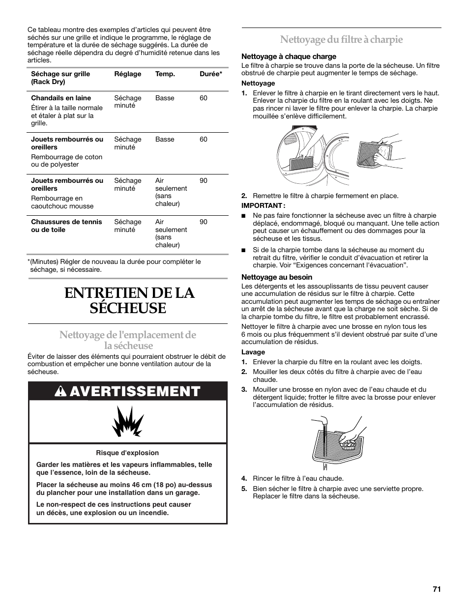 Entretien de la sécheuse, Avertissement, Nettoyage de l'emplacement de la sécheuse | Nettoyage du filtre à charpie | KITCHENAID FRONT-LOADING ELECTRIC DRYER User Manual | Page 71 / 76