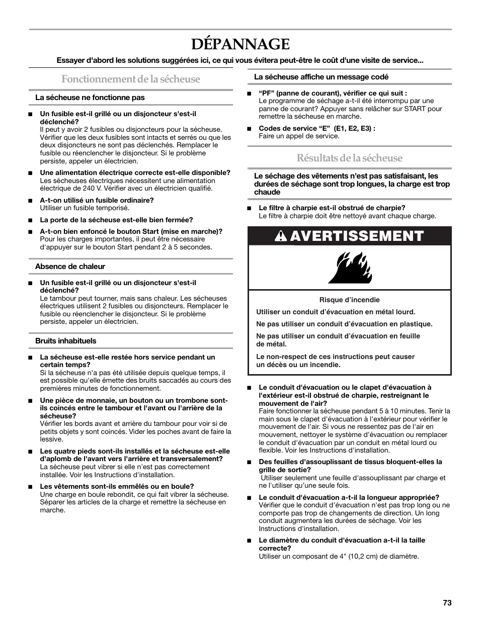 Dépannage, Avertissement, Fonctionnement de la sécheuse | Résultats de la sécheuse | KITCHENAID FRONT-LOADING ELECTRIC DRYER User Manual | Page 73 / 76