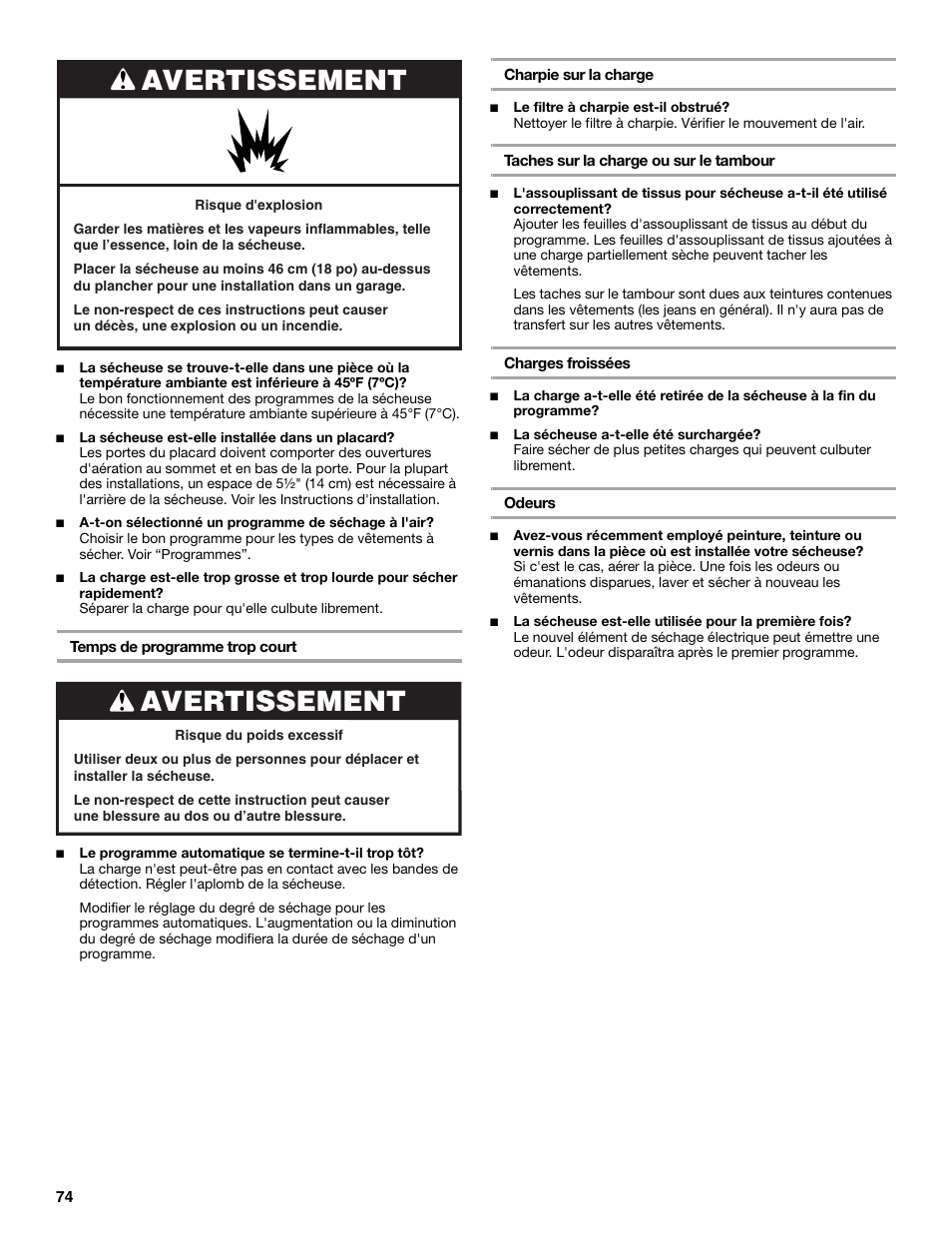Avertissement | KITCHENAID FRONT-LOADING ELECTRIC DRYER User Manual | Page 74 / 76