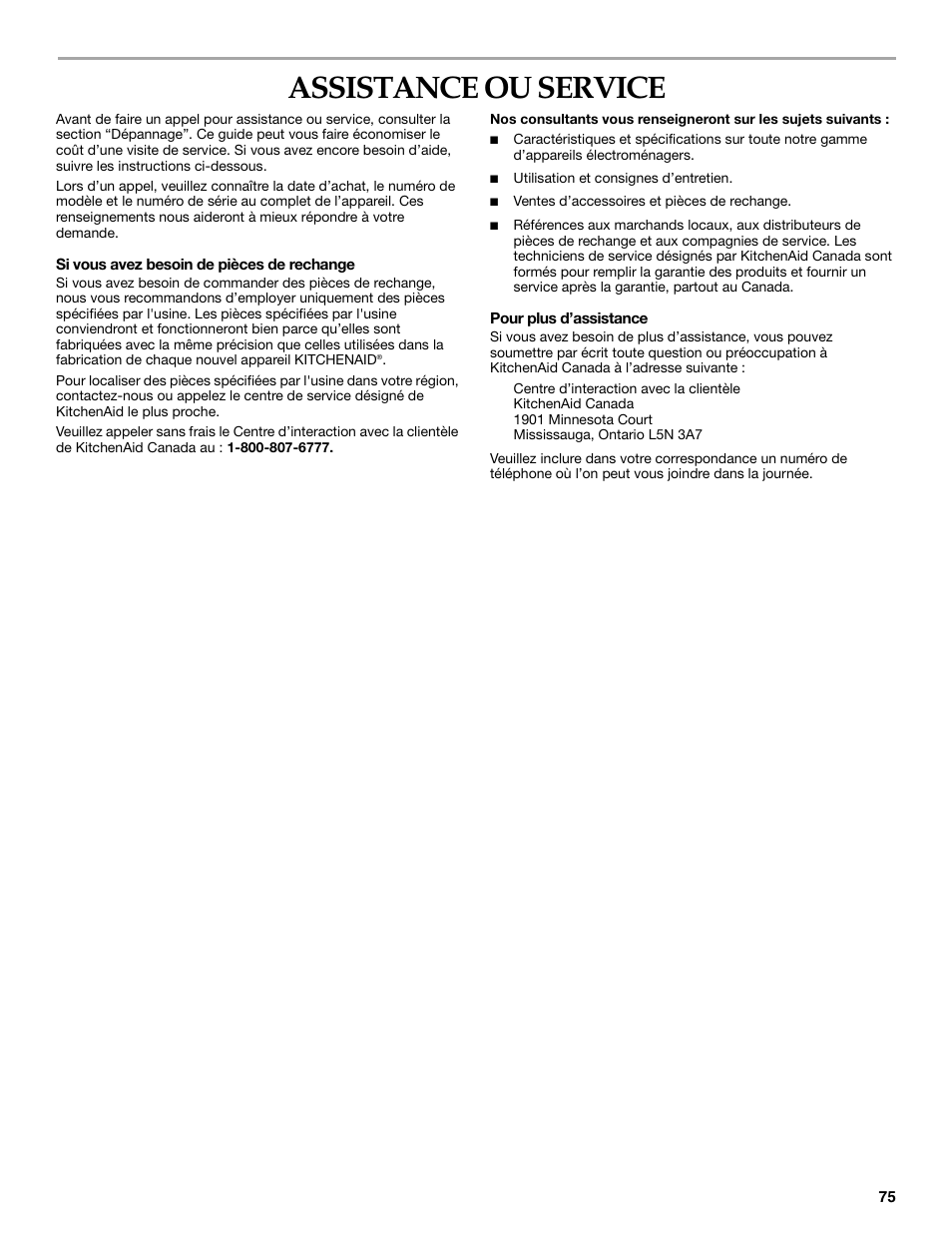 Assistance ou service | KITCHENAID FRONT-LOADING ELECTRIC DRYER User Manual | Page 75 / 76