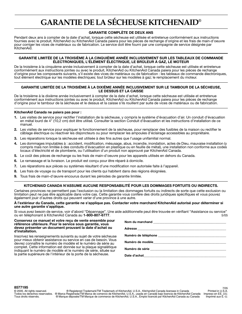 Garantie de la sécheuse kitchenaid | KITCHENAID FRONT-LOADING ELECTRIC DRYER User Manual | Page 76 / 76