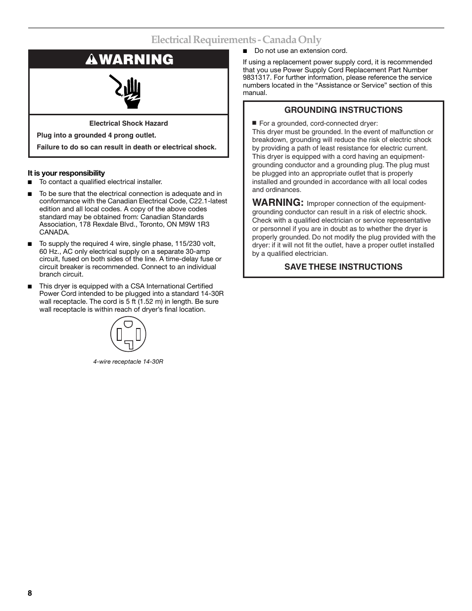 Warning, Electrical requirements - canada only | KITCHENAID FRONT-LOADING ELECTRIC DRYER User Manual | Page 8 / 76