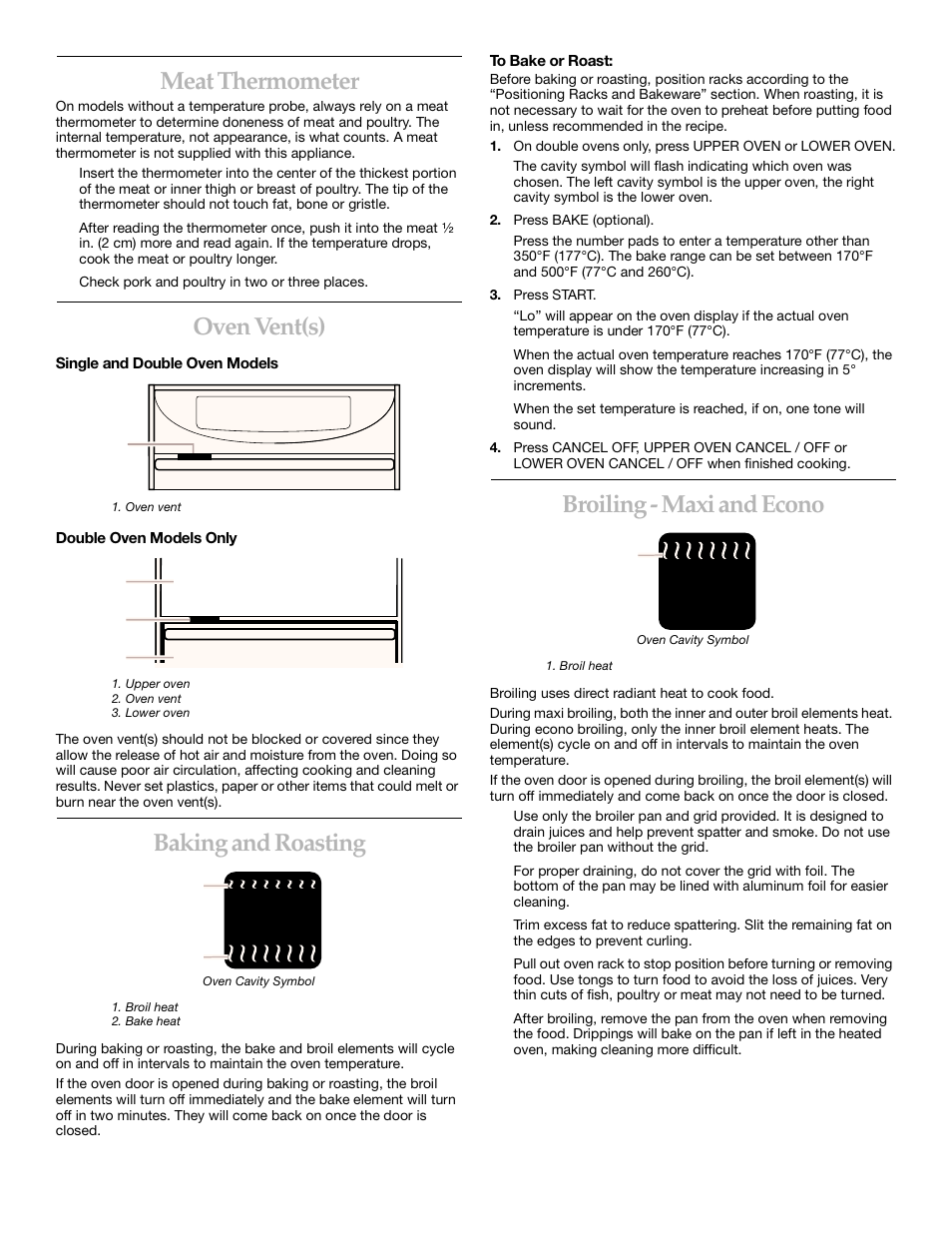 Meat thermometer, Oven vent(s), Baking and roasting | Broiling - maxi and econo | KITCHENAID YKEBI101 User Manual | Page 10 / 16