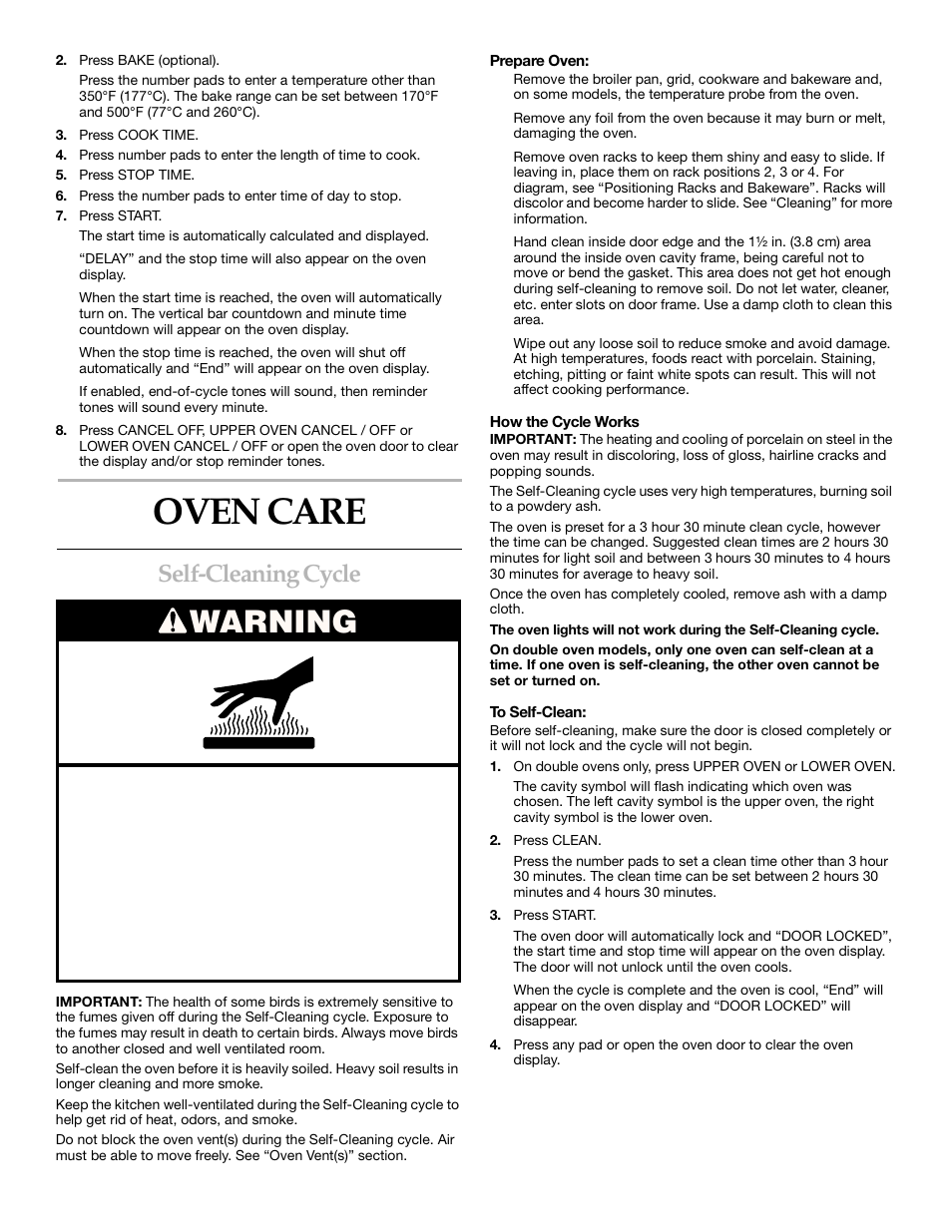 Oven care, Warning, Self-cleaning cycle | KITCHENAID YKEBI101 User Manual | Page 12 / 16