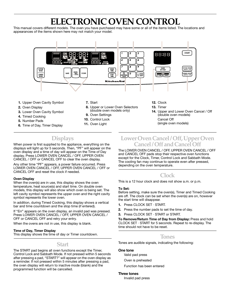 Electronic oven control, Displays, Start | Clock, Tones | KITCHENAID YKEBI101 User Manual | Page 6 / 16