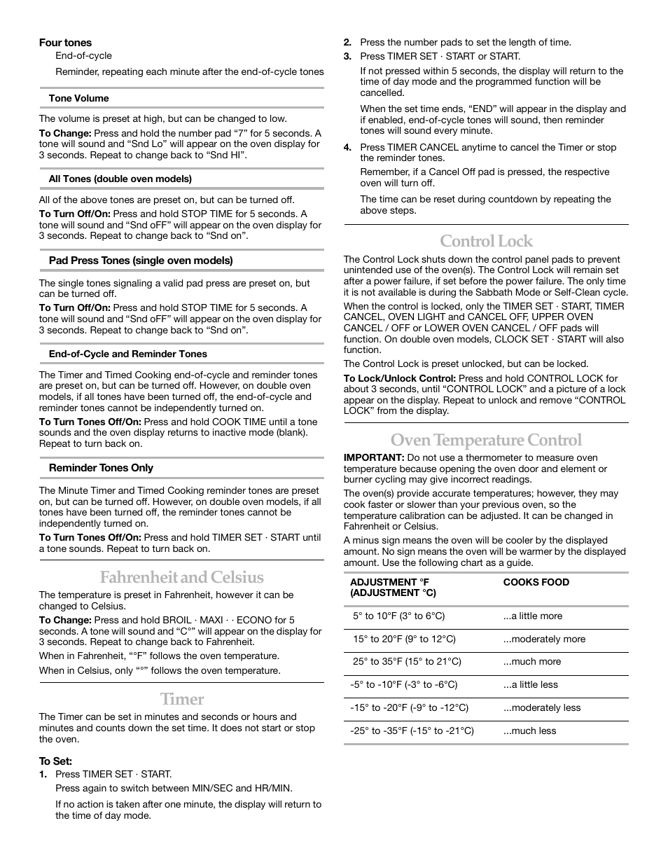 Fahrenheit and celsius, Timer, Control lock | Oven temperature control | KITCHENAID YKEBI101 User Manual | Page 7 / 16