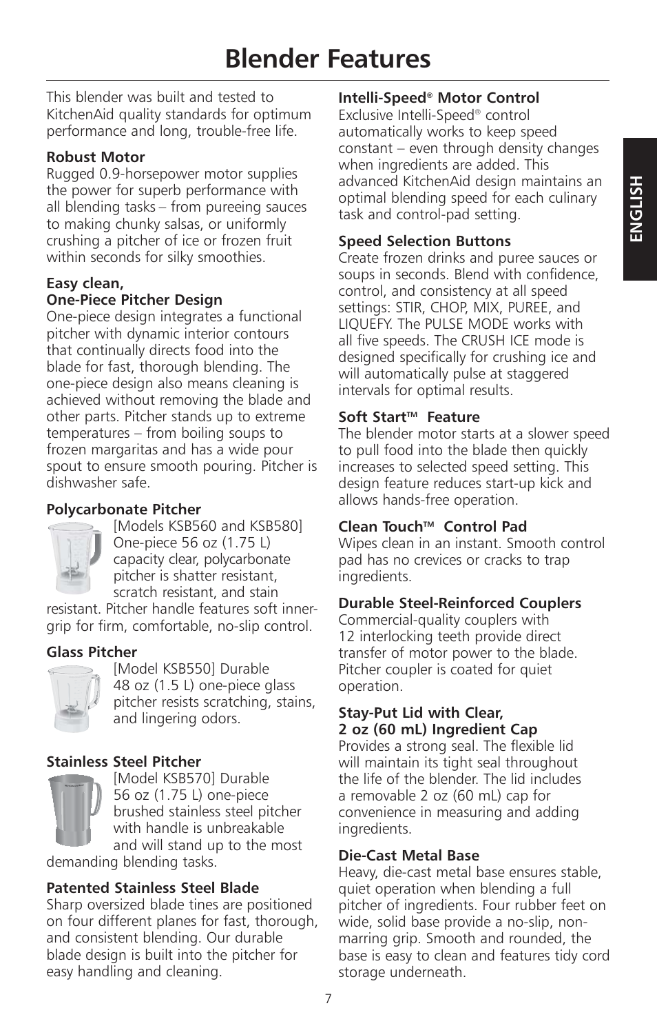 Blender features | KITCHENAID KSB560 User Manual | Page 10 / 80