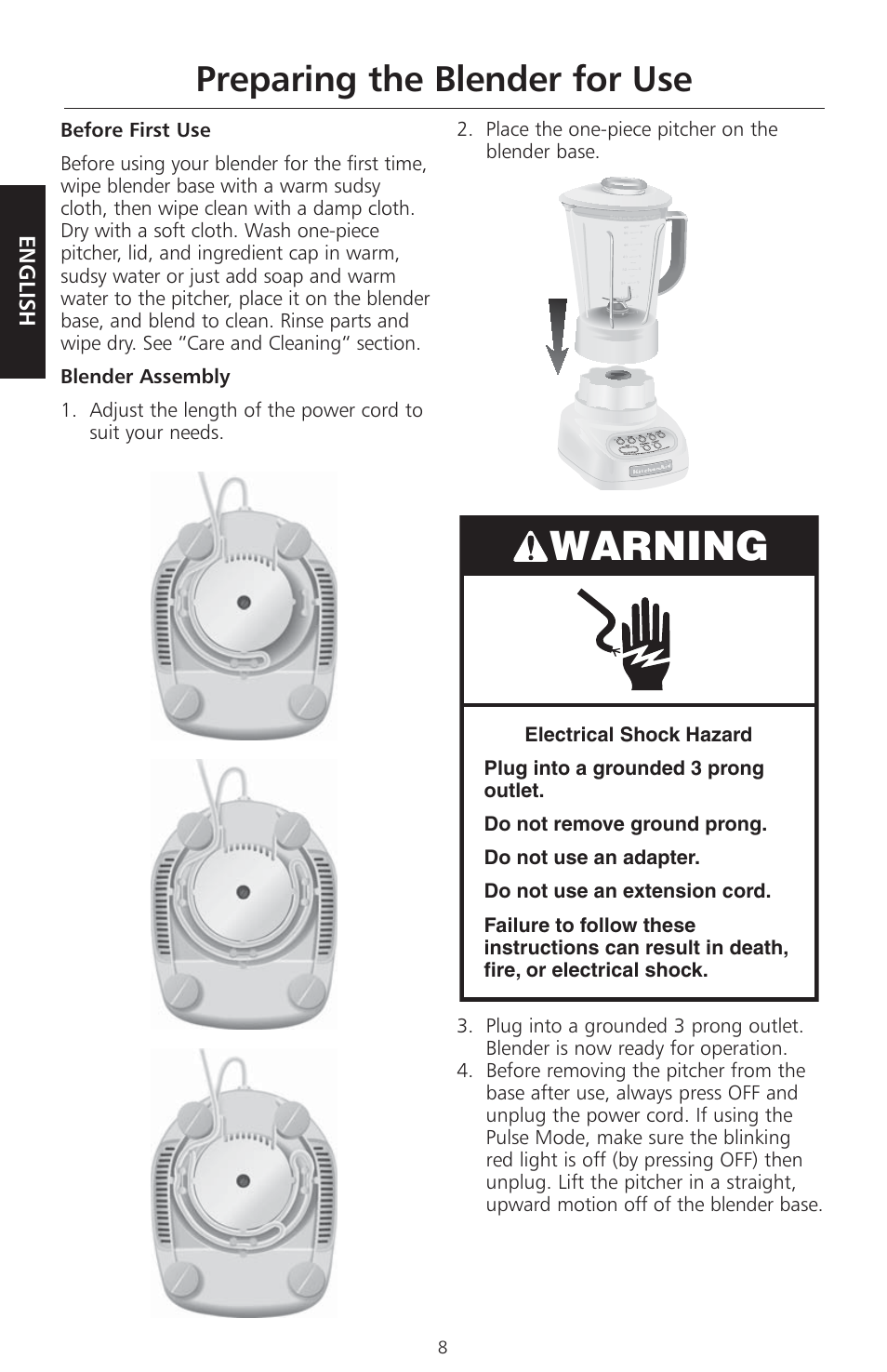 Warning, Preparing the blender for use | KITCHENAID KSB560 User Manual | Page 11 / 80