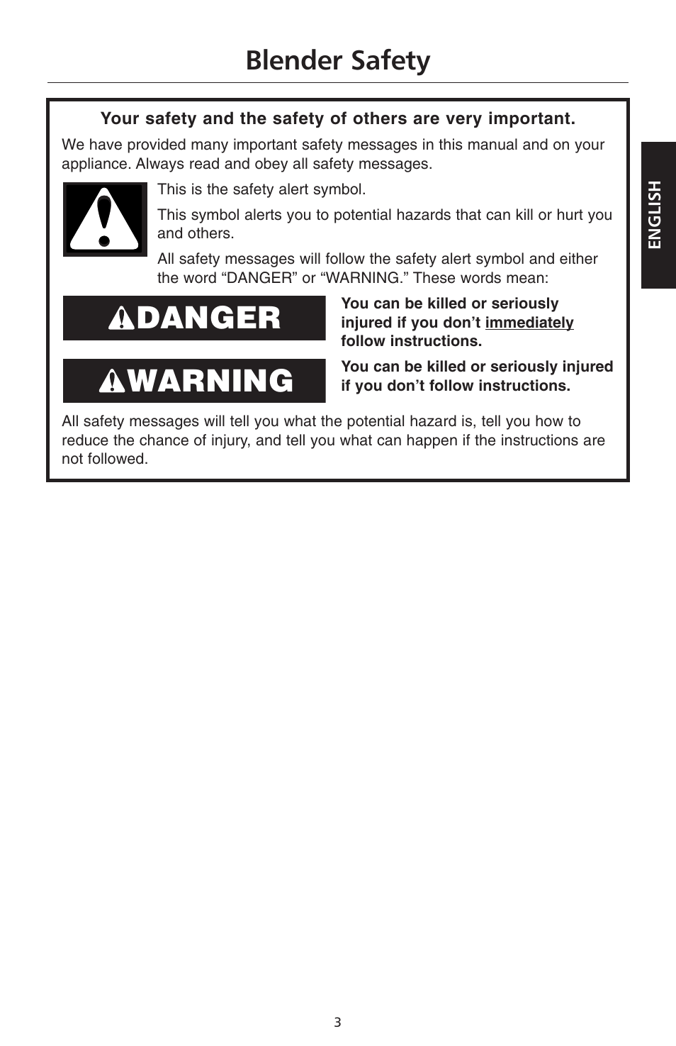 Danger warning, Blender safety | KITCHENAID KSB560 User Manual | Page 6 / 80