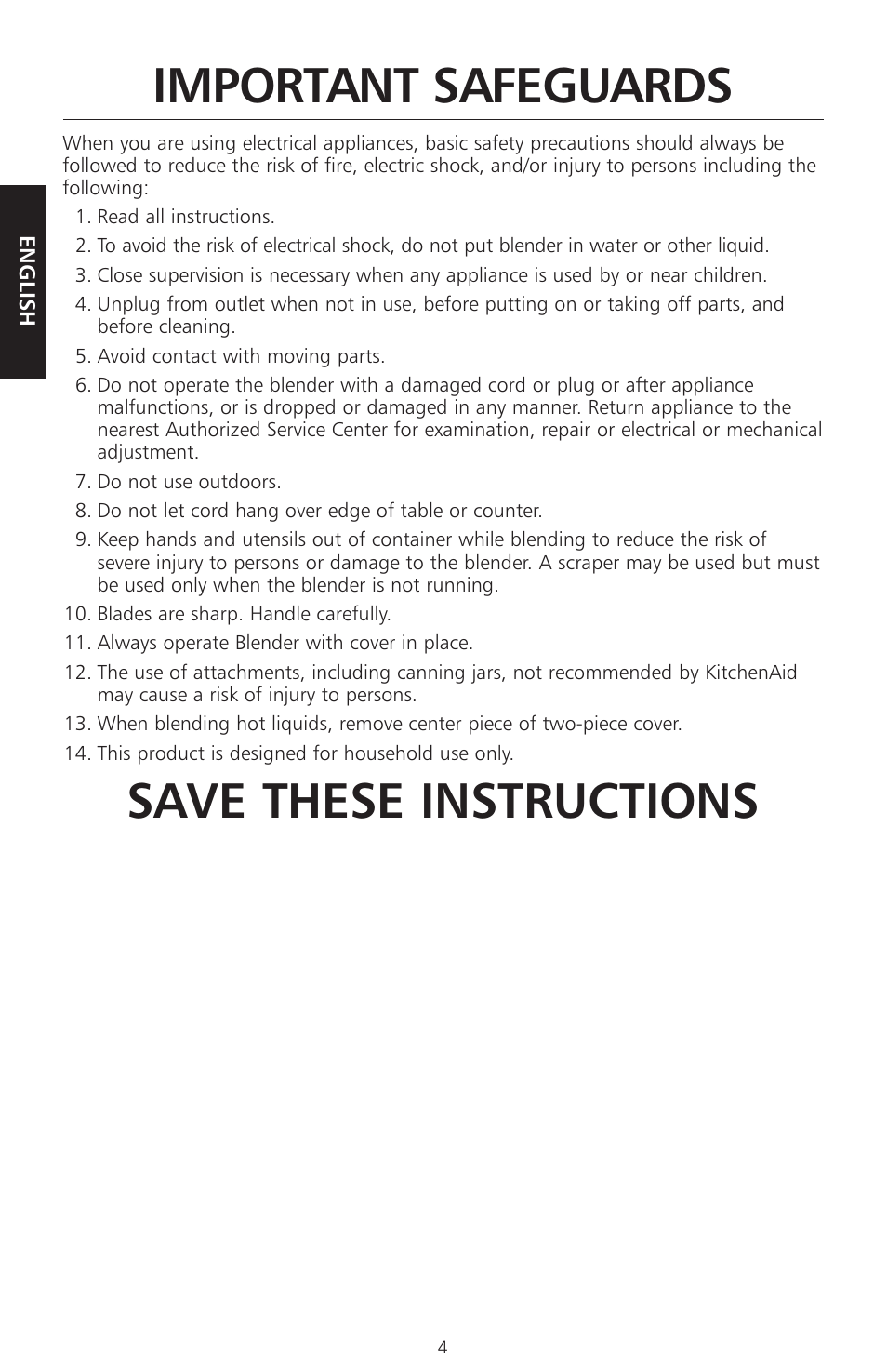 Important safeguards, Save these instructions | KITCHENAID KSB560 User Manual | Page 7 / 80
