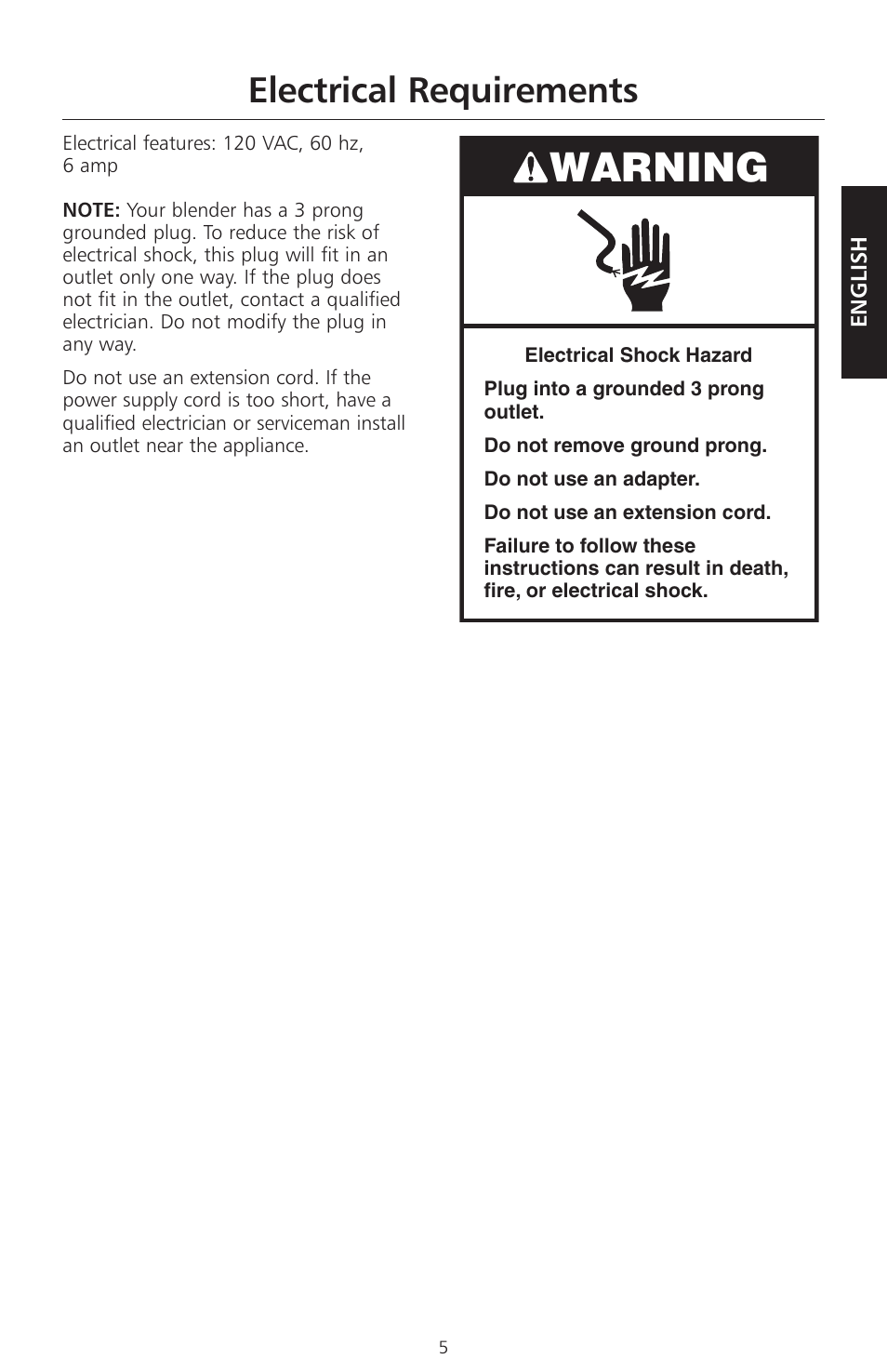 Warning, Electrical requirements | KITCHENAID KSB560 User Manual | Page 8 / 80
