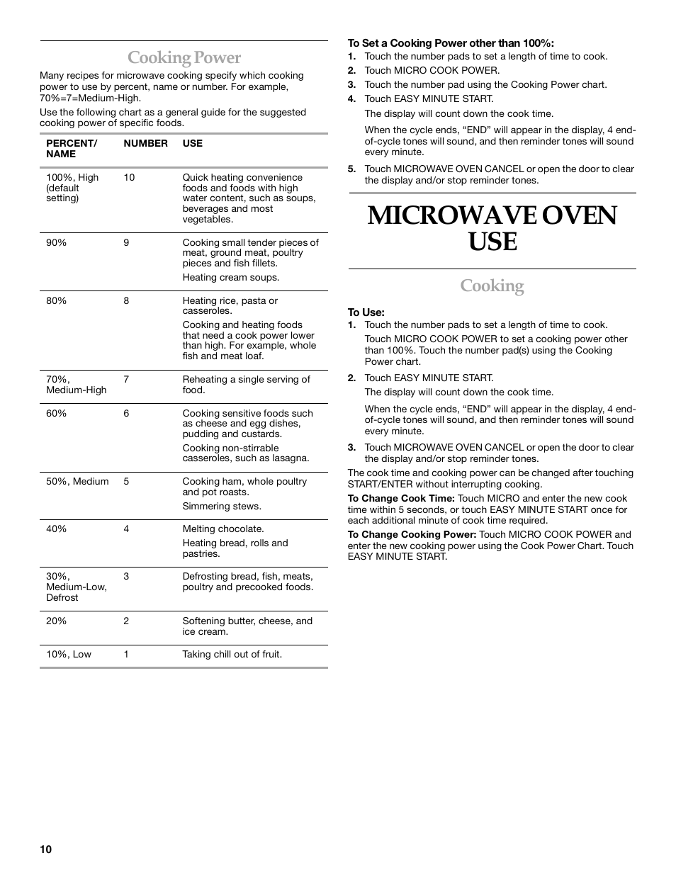 Microwave oven use, Cooking, Cooking power | KITCHENAID KBMC140  EN User Manual | Page 10 / 20