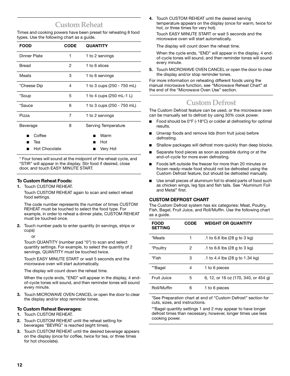 Custom reheat, Custom defrost | KITCHENAID KBMC140  EN User Manual | Page 12 / 20