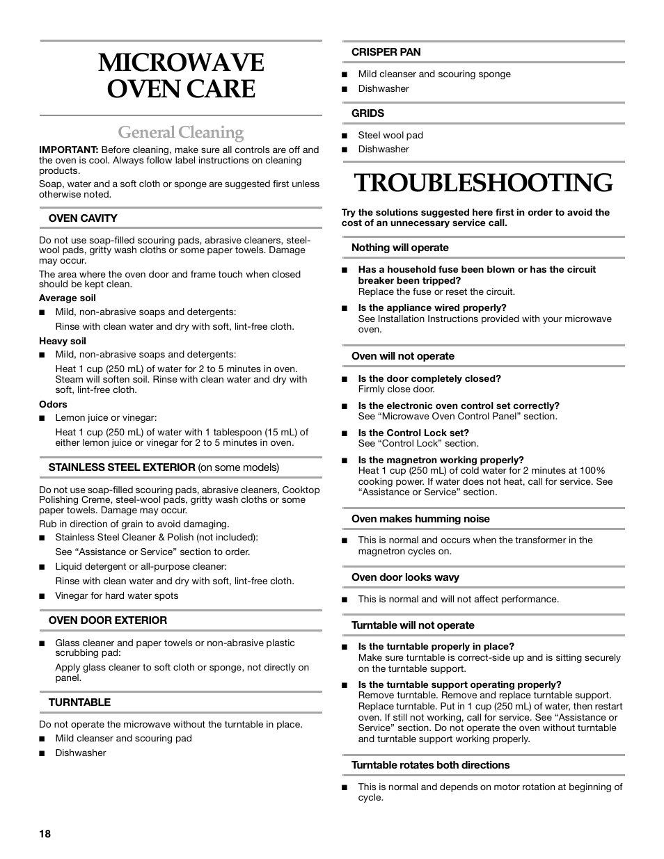 Microwave oven care, Troubleshooting, General cleaning | KITCHENAID KBMC140  EN User Manual | Page 18 / 20