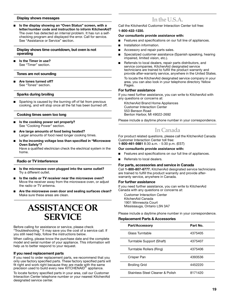 Assistance, Assistance or service | KITCHENAID KBMC140  EN User Manual | Page 19 / 20