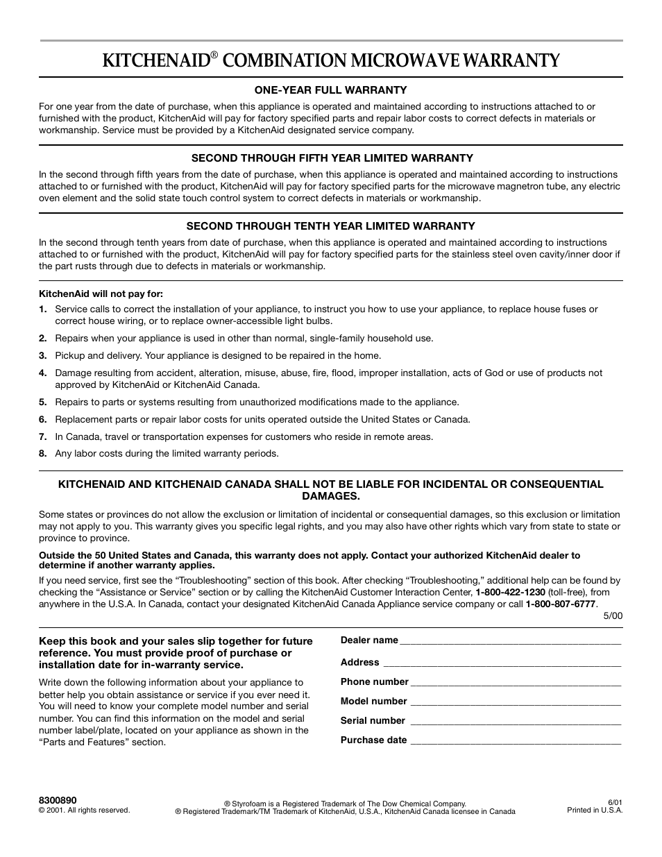 Warranty, Kitchenaid, Combination microwave warranty | KITCHENAID KBMC140  EN User Manual | Page 20 / 20